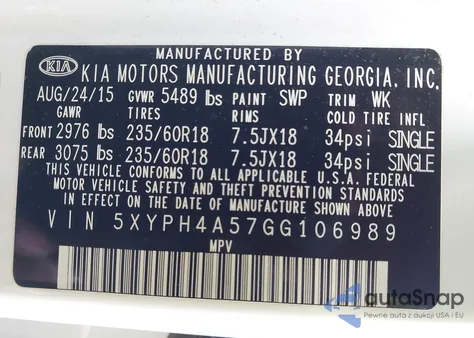 2016 Kia Sorento 3.3L Ex from USA, damaged, VIN 5XYPH4A57GG106989